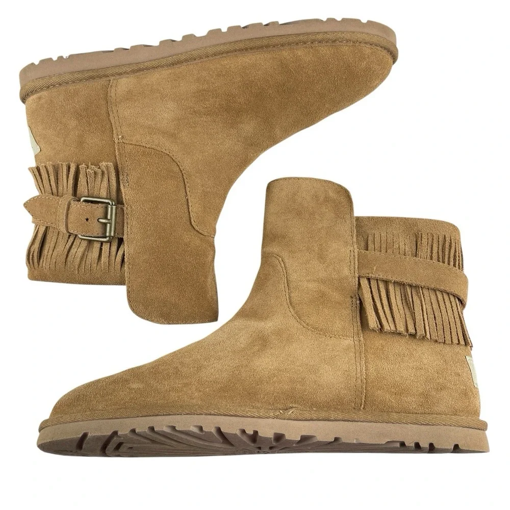 UGG Women's Cara Ankle Boots Size 8 Chestnut Suede Buckle Fringe Pull On Western